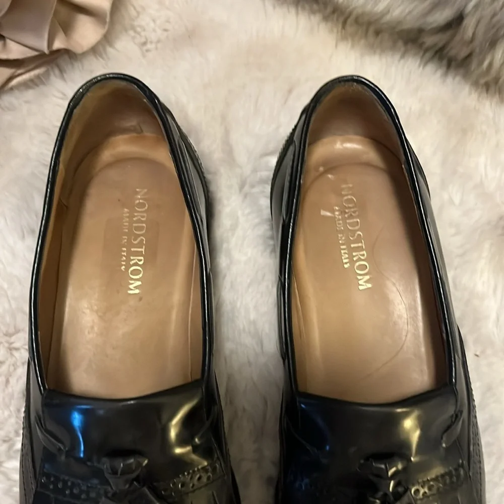 Nordstrom Italy Men’s Black Leather Slip On Wingtip Kiltie Tassel Oxford Loafers